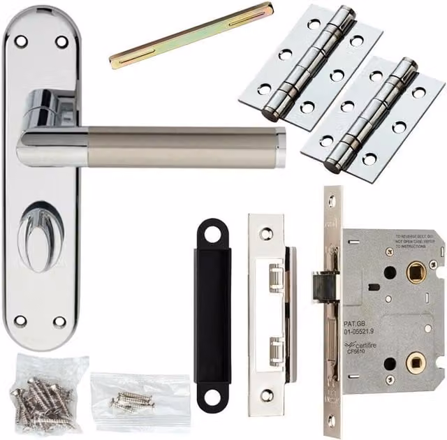 Loops Door Handle and Bathroom Lock Pack in Chrome and Satin Nickel with Modern Flat Backplate – 1