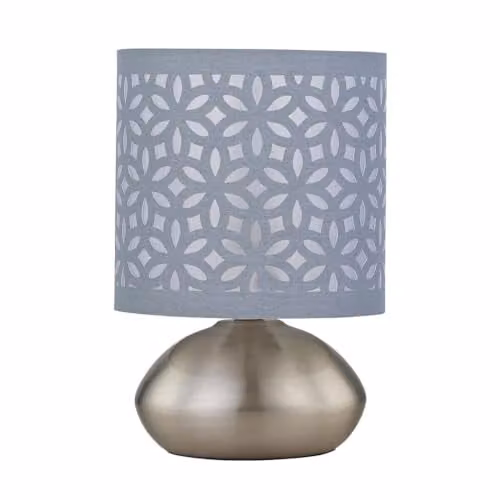 First Choice Lighting Jenson Touch Table Lamp in Brushed Chrome with Grey Laser Cut Shade