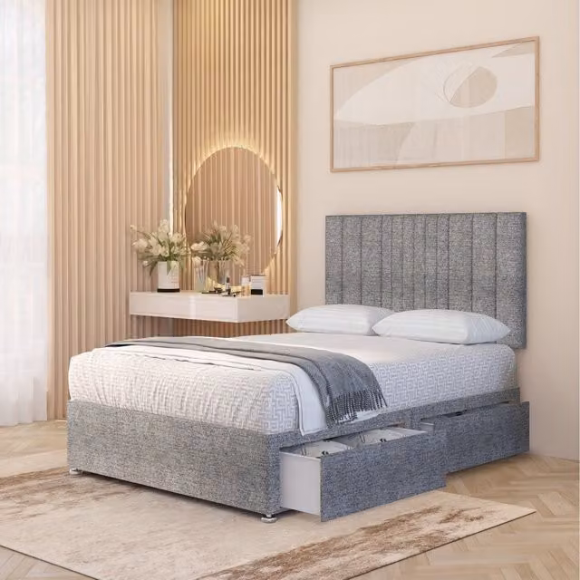 Somnior Beds Ltd Arizona Tweed Fabric Orthopaedic Divan Bed Set with Hybrid Mattress, 32 inch Headboard and Drawers, Grey, W/D/H: 120 x 200 cm