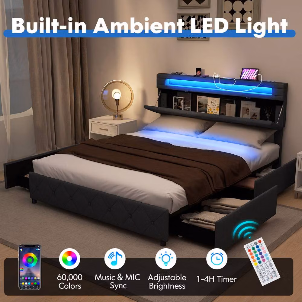Gymax Queen Bed Frame with LED Lights, USB Charging Station and 4 Drawers, Grey Upholstered Fabric, 150 x 200 cm – 3