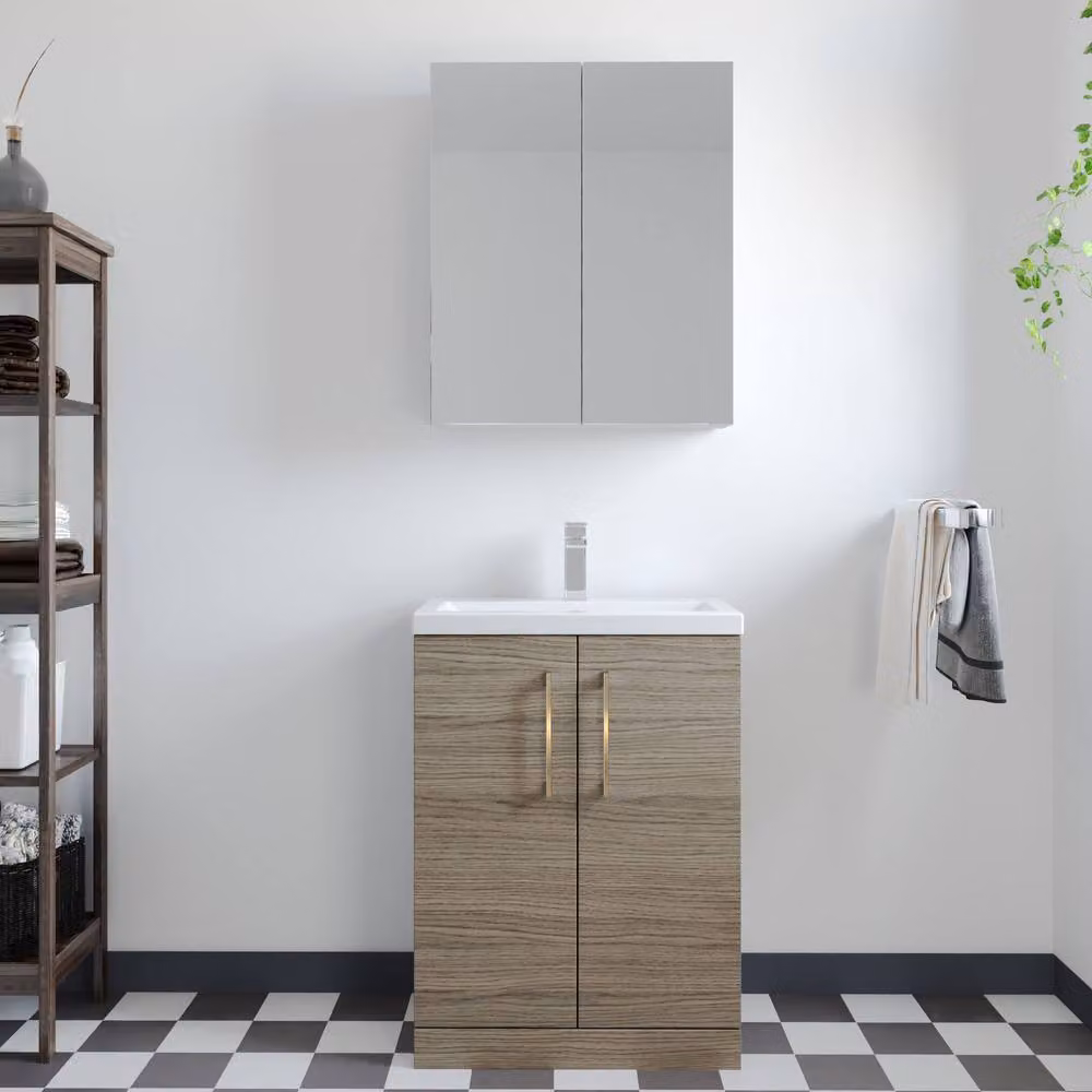 Balterley Modern Mid Oak Brown Freestanding Bathroom Vanity Basin Unit with Soft Close Hinged Doors, Width: 60 cm – 2