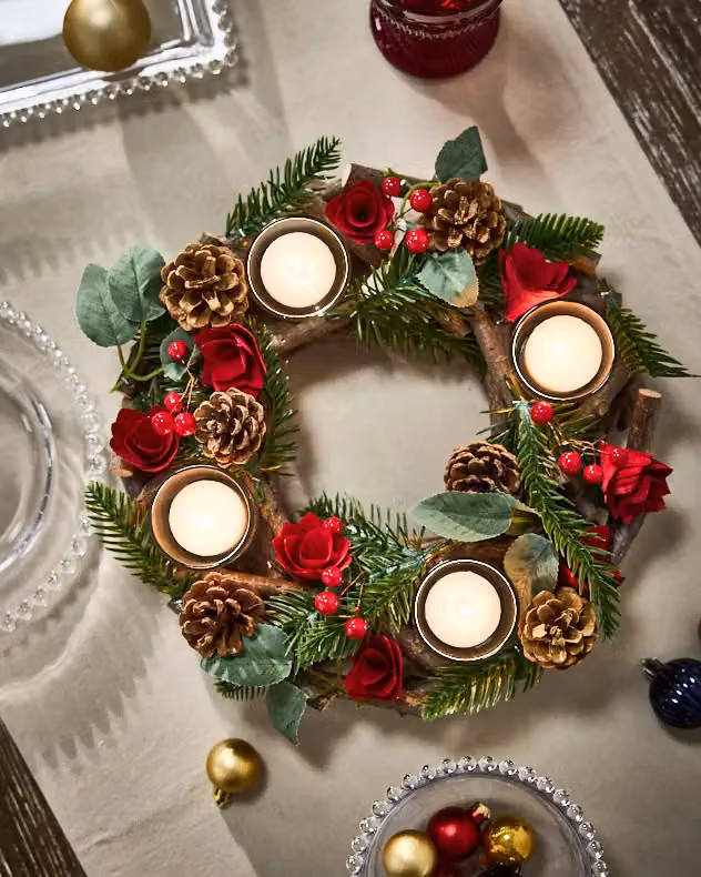 Dibor Christmas Roses Red Table Centrepiece Tealight Holder, 30 cm – 2