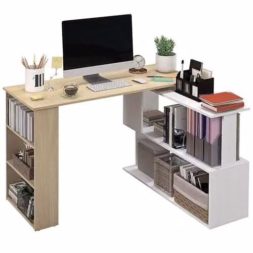HOMCOM Rotating Corner Desk with Bookshelf in White – 1