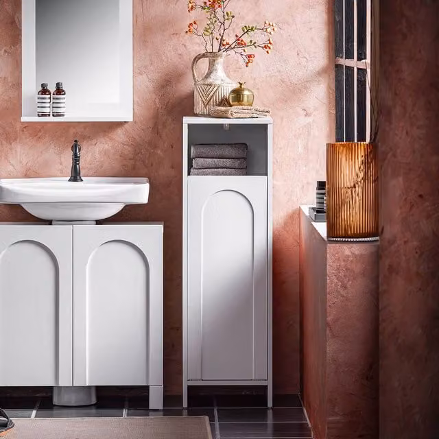 SoBuy Slim White Bathroom Cabinet with Hinged Doors and Pull-Out Laundry Bag – 1