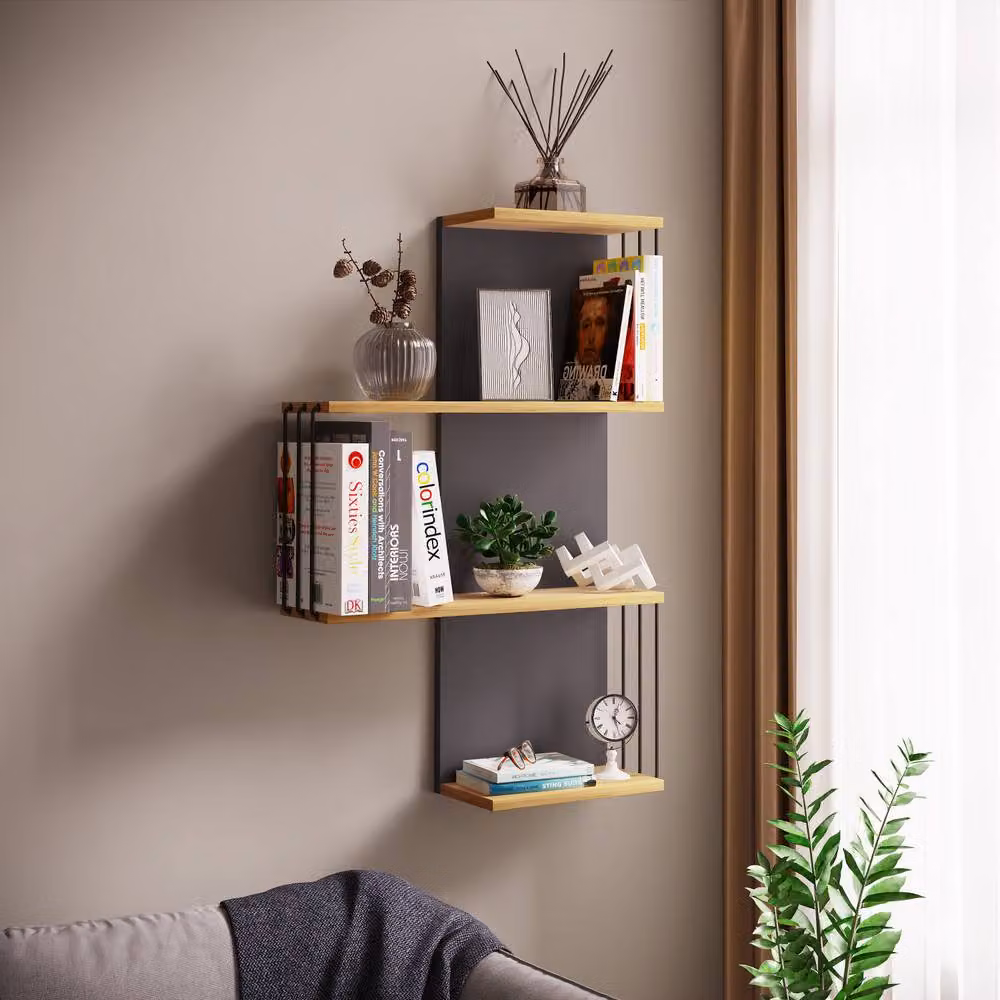 VCM Dolira L Wood Wall Shelf in Brown and Multicolour, W/D/H: 98 x 19 x 68 cm – 3
