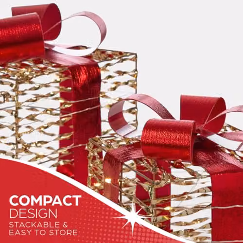 The Christmas Workshop Light-Up Gold and Red Gift Box Set of 3 with Warm White LED Lights and Timer Function, Battery Powered, W/D/H: 22 x 20 x 20 cm – 5