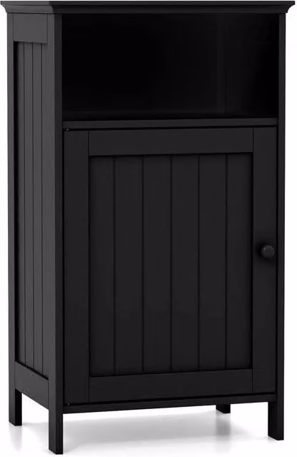 Kelvenix Modern Black Lacquered Wooden Freestanding Bathroom Floor Cabinet with Internal Shelves and Open Shelf