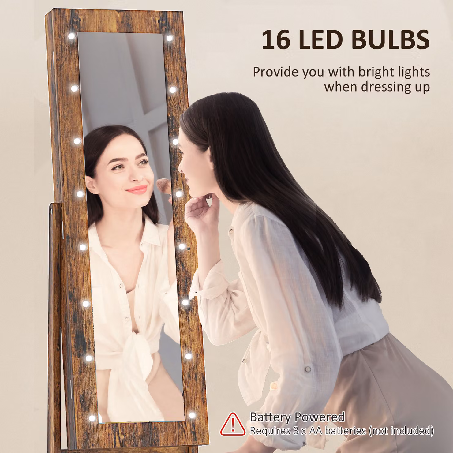 HOMCOM Free Standing Full-Length Mirror Jewellery Cabinet with LED Lights and Storage in Rustic Brown – 5