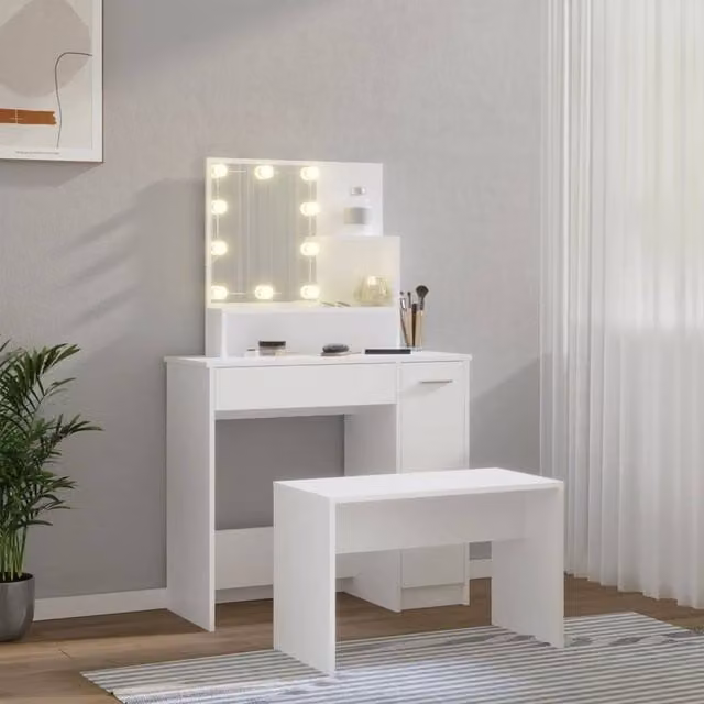 Berkfield Home White Hollywood LED Dressing Table Set with MDF Laminate Finish – 1