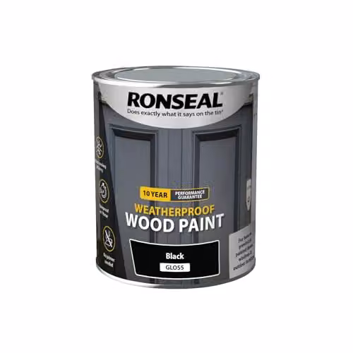 Ronseal 10 Year Weatherproof 2-in-1 Opaque Wood Paint in Black Gloss, 750ml – 2