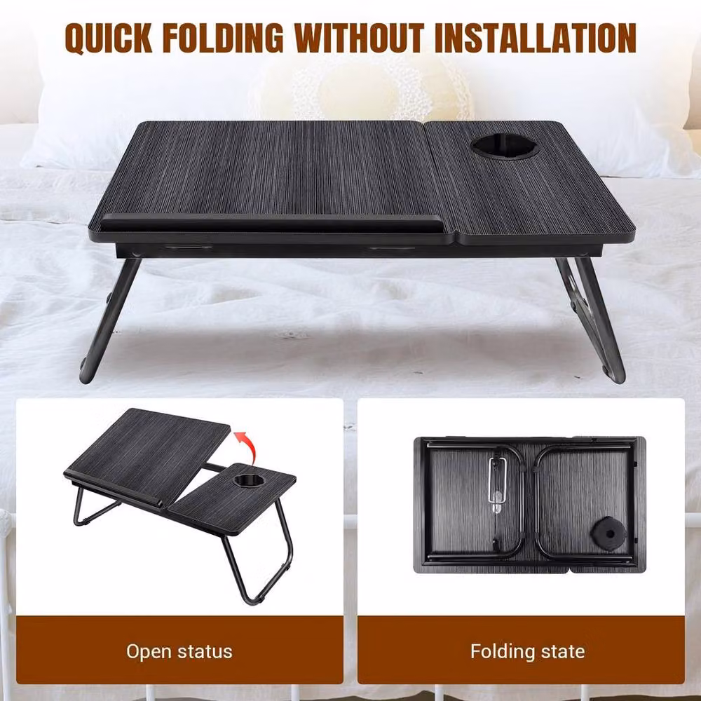 NESTLUNE Adjustable Laptop Bed Table with Foldable Legs and Cup Holder, Black, W: 100 cm, D: 15 cm – 4