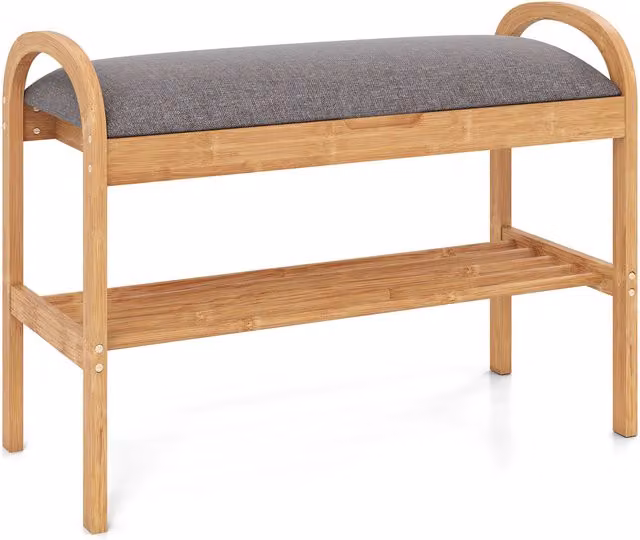 COSTWAY Grey 2-Tier Entryway Shoe Bench and Rack with Fabric Seat