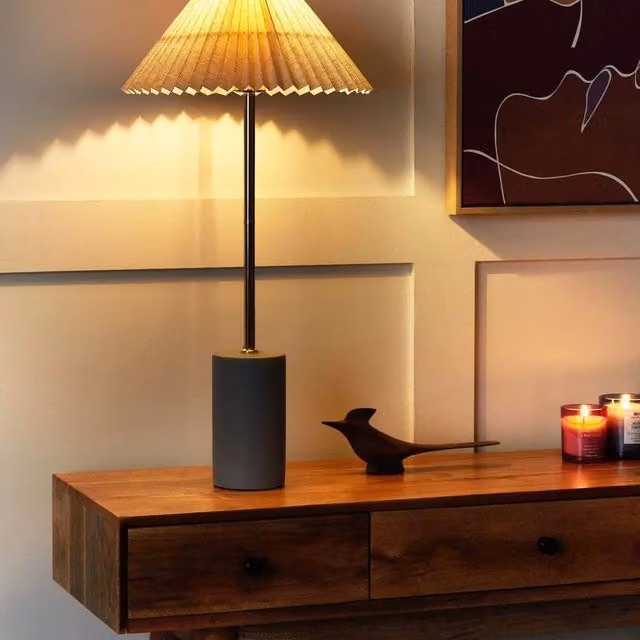 Wyld and Coco Beige Bedside Lamp with Concrete Base and Fabric Shade, Height: 68 cm – 1