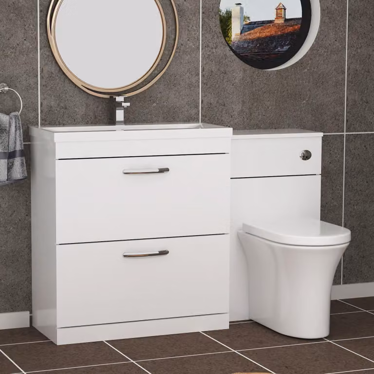 Royal Bathrooms Gloss White 2 Drawer Vanity Unit with Mid Edge Basin and Breeze Back to Wall Toilet, Width: 130 cm