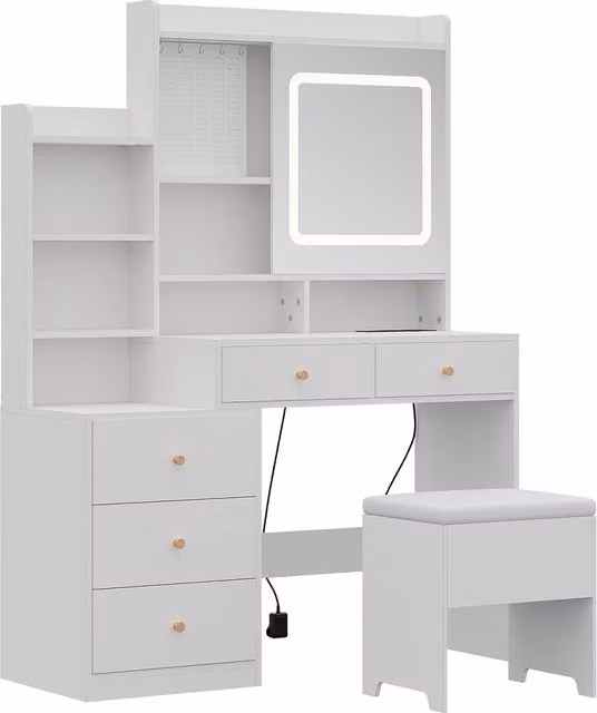 Livingandhome Modern White LED Mirror Dressing Table and Stool Set