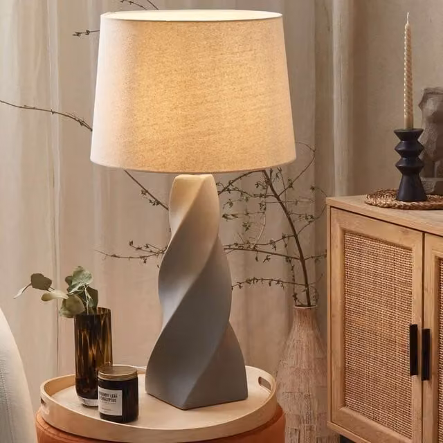Wyld and Coco Grey Twirl Ceramic Table Lamp with White Fabric Shade, Height: 71 cm – 1
