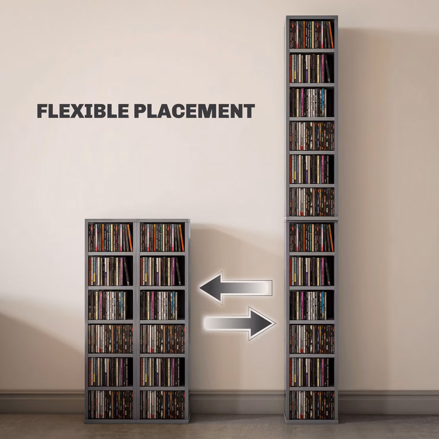 HOMCOM Set of 2 High Gloss Grey CD Media Display Tower Racks with Adjustable Shelves – 5