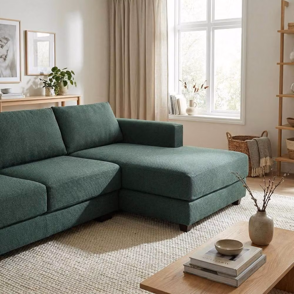 Abakus Direct Kaizer L-Shaped Corner Sofa in Green Bouclé Fabric, Right Facing – 4