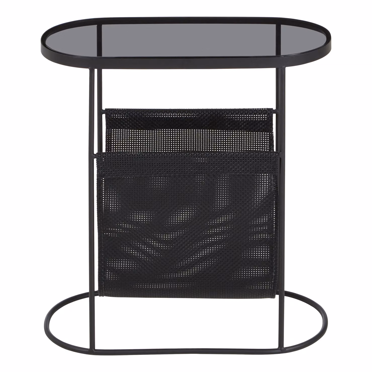 Orsina Minimalist Side Table with Grey Glass Top and Black Metal Sled Base – 3