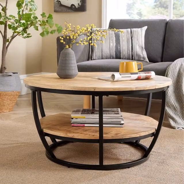 Home Source Albany Round Mango Wood Coffee Table in Brown and Black