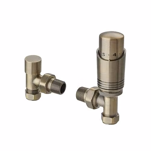 Terma Cylindrical Thermostatic Angled TRV and Lockshield Valve Set in Antique Brass