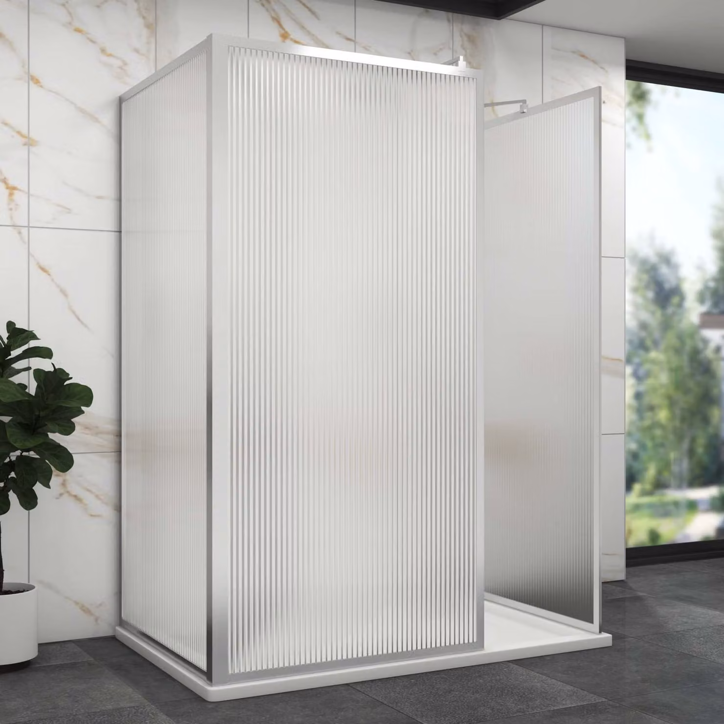 Luxor 3 Sided Walk In Fluted Shower Enclosure with Acrylic Tray and Chrome Frame, W: 140 cm, D: 76 cm, 8mm Easy Clean Glass, Silver