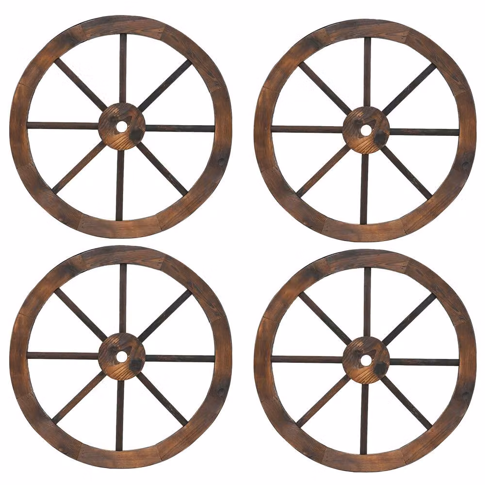 Costway Set of 2 Rustic Wood Wagon Wheels Vintage Wall Hanging Decoration, Brown, Diameter: 60.96 cm – 11
