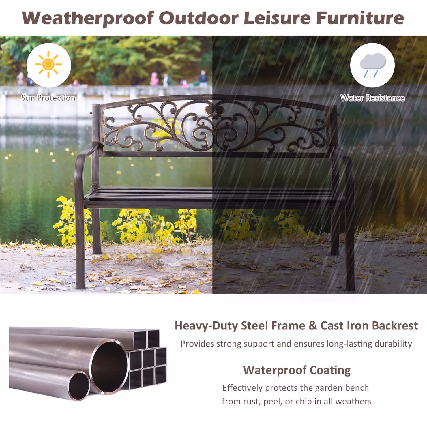 Gymax Retro Cast Iron and Steel Patio Garden Bench in Light Bronze – 5