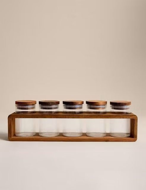 M&S Set of 5 Ribbed Transparent Glass Spice Jars with Wood Lids