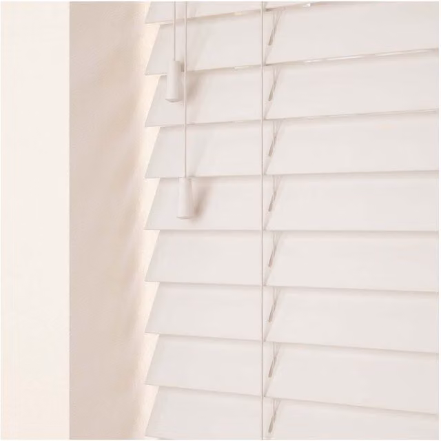 NewEdgeBlinds 50mm Real Wood Venetian Blind with Strings, White, W: 55 cm, H: 120 cm