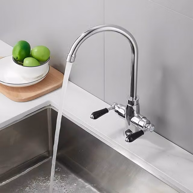 Heable Chrome and Black Ceramic Dual-Lever Monobloc Kitchen Mixer Tap with Swivel Spout in Silver