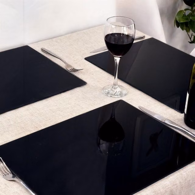 Harbour Housewares 12-Piece Black Glass Placemats and Square Coasters Set, W: 40 cm, D: 30 cm