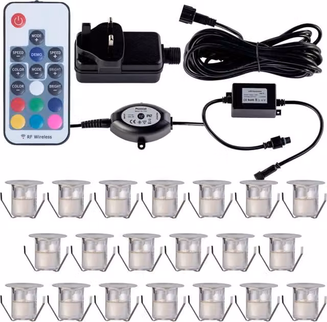 First Choice Lighting Set of 20 Colour Changing RGB LED Decking Lights, Silver Stainless Steel, IP67 Waterproof with Photocell and Remote Control – 1