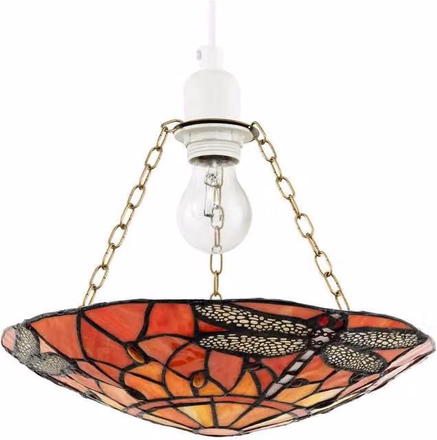 Happy Homewares Traditional Dragonfly Tiffany Glass Easy Fit Pendant Light Shade in Orange and Gold/Brass – 1
