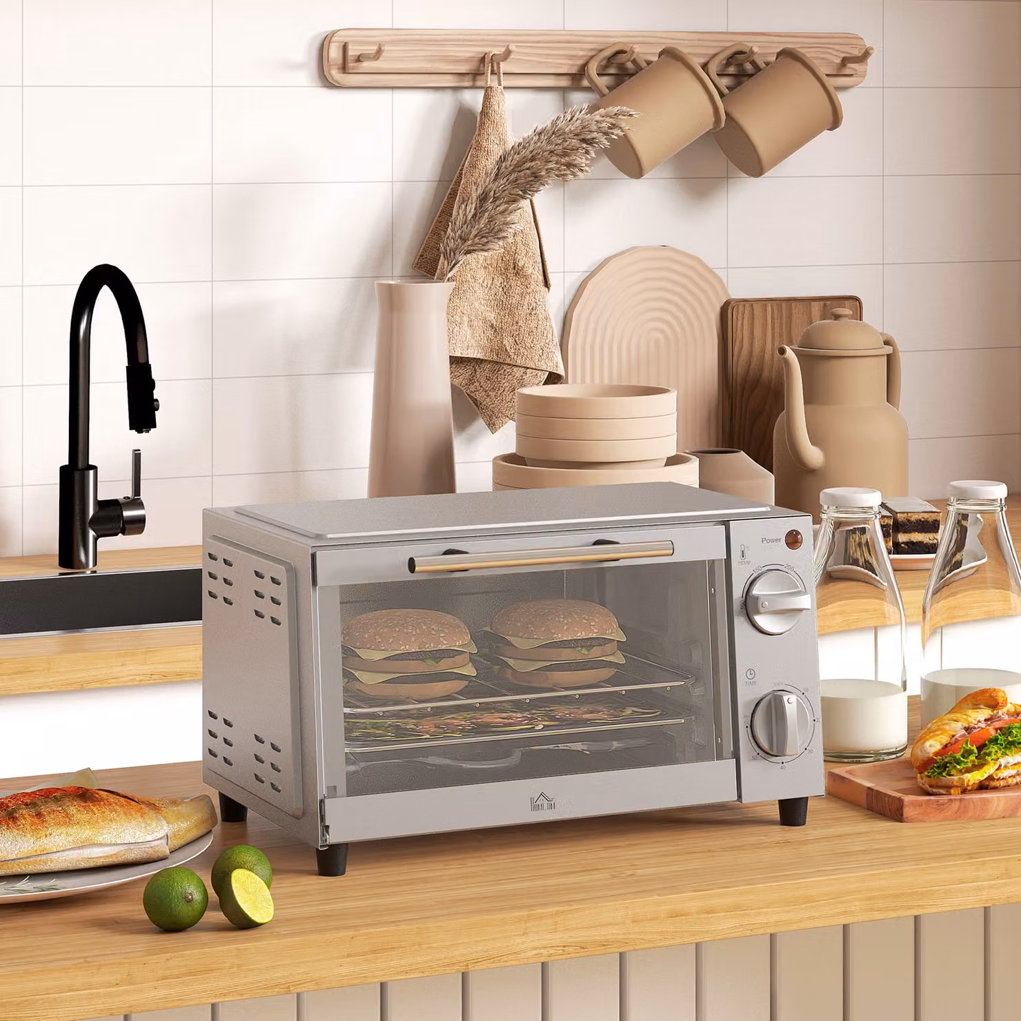 HOMCOM 9L Mini Countertop Electric Grill and Toaster Oven with Adjustable Temperature, Timer and 750W Power in Silver – 2
