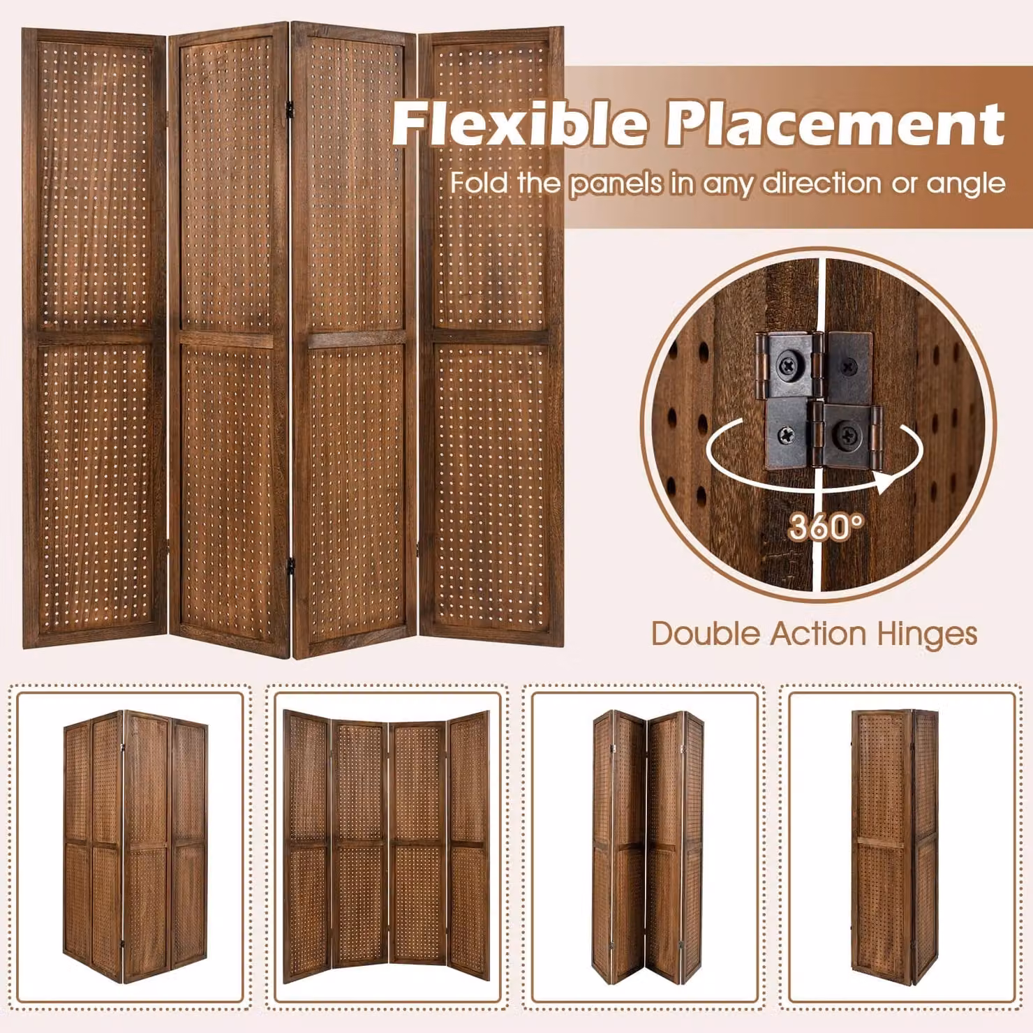 Gymax 4-Panel Brown Pegboard Folding Room Divider Privacy Screen, Height: 170 cm – 7