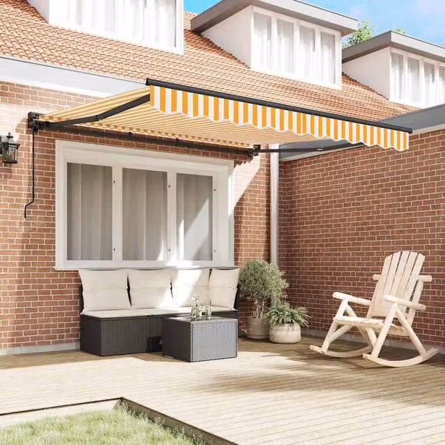 Berkfield Home Manual Retractable Folding Arm Awning in Orange, Yellow and White, W: 300 cm, D: 250 cm
