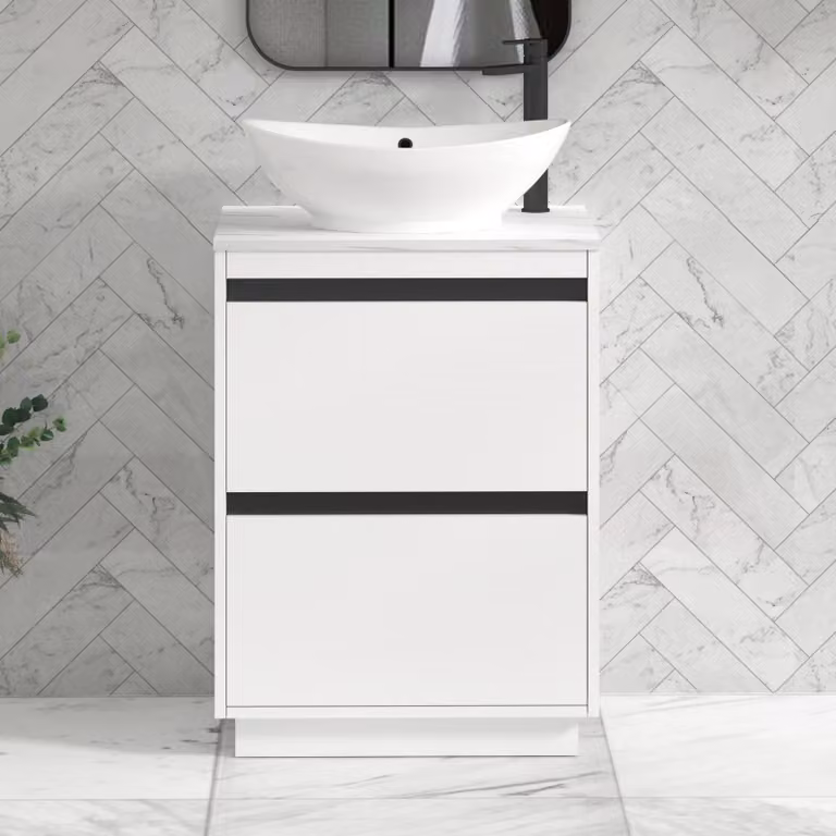 Royal Bathrooms Orion 600mm Matt White Floor Standing Countertop Vanity Unit with 2 Drawers, Amaze Basin and Black Accent Trim
