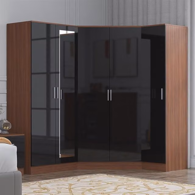 Reflect 3 Piece Wardrobe Bundle in Black Gloss and Walnut, including 2 Door Corner, 2 Door Mirrored and 1 Door Plain Wardrobes, H 180 cm x W 179 cm x D 103 cm