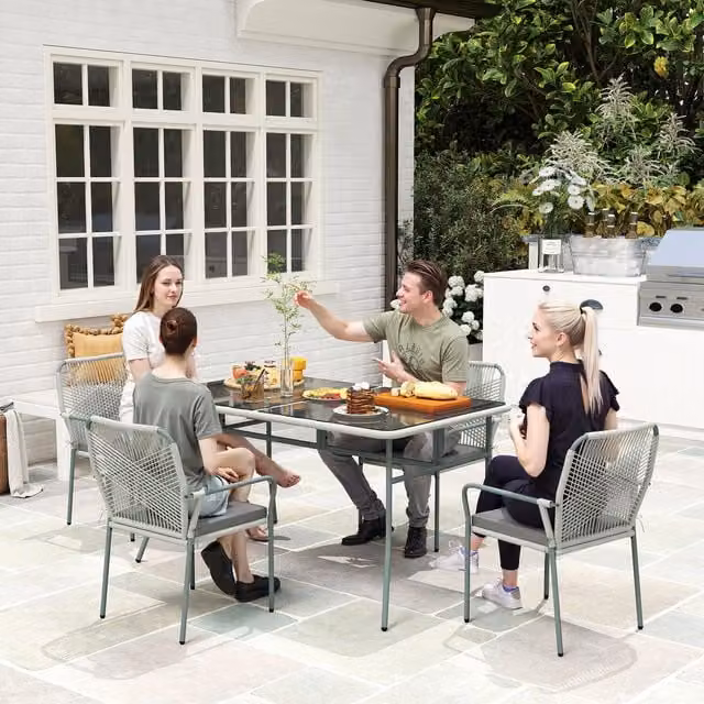 Outsunny 5 Piece Modern Polyrattan Garden Dining Set with Glass Table and Grey Cushions