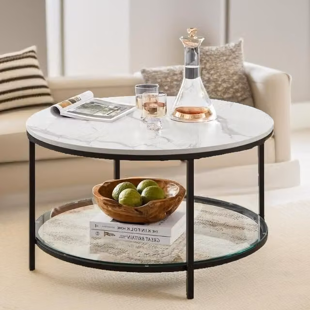 Pirlo Plush 2 Tier Round Faux Marble Coffee Table in White