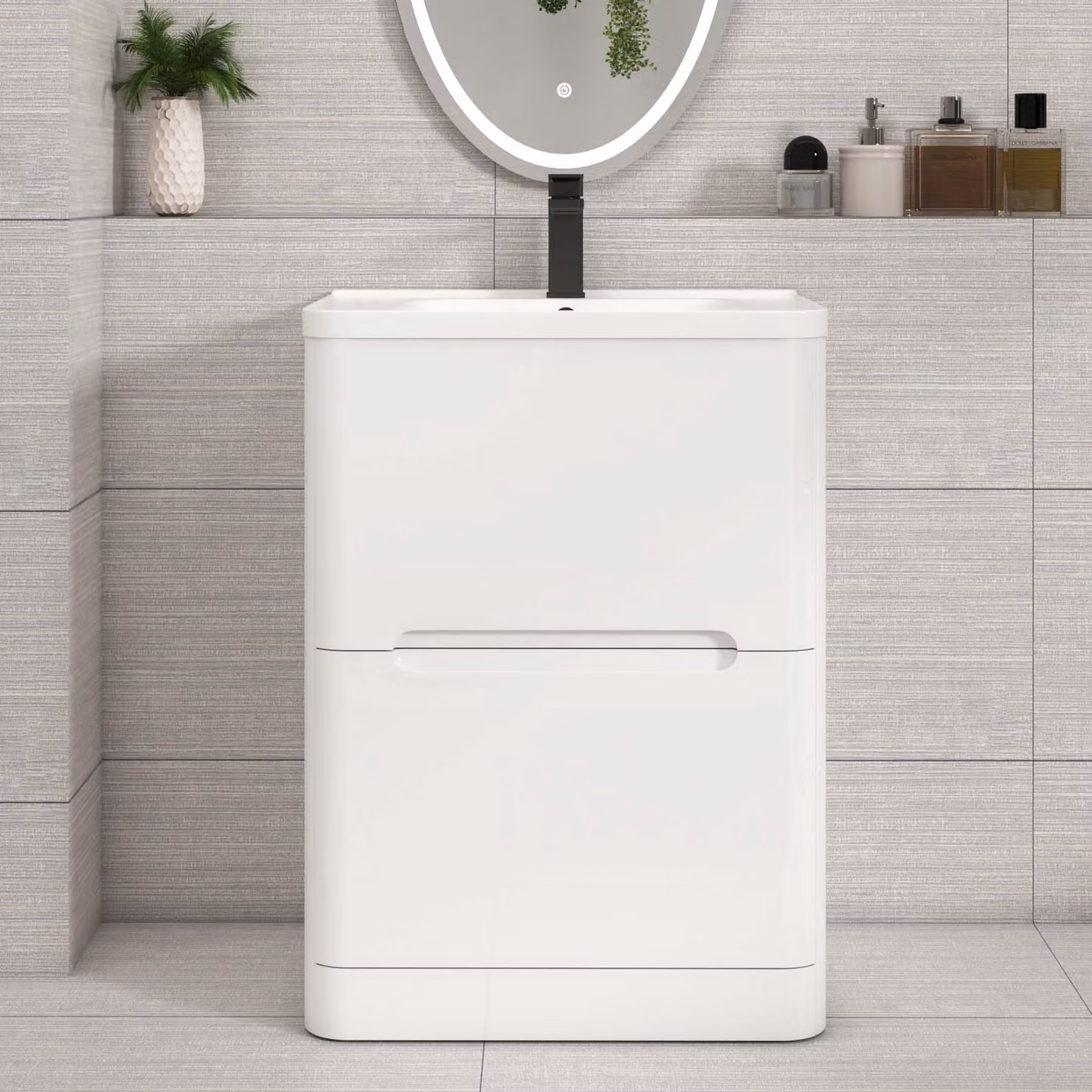 Royal Bathrooms Venice 600mm Gloss White Floor Standing Vanity Unit with 2 Drawers and Ceramic Basin