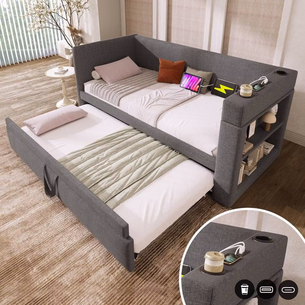 Rolipo Grey Upholstered Single Daybed with Trundle, USB Charging Ports and Side Compartments, W/D/H: 90 x 190 cm – 9