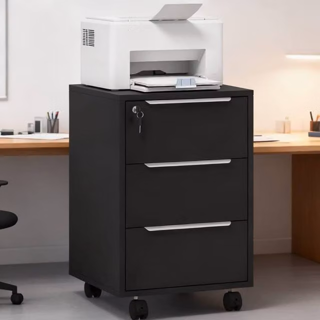 ERGOVEXA Three-Drawer Locking Filing Cabinet in Black with Castors – 1