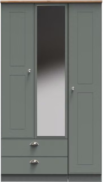 2 U Albert Triple Mirror Wardrobe with 2 Drawers in Pale Green, Ready Assembled