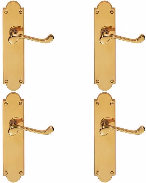 Loops 4x Pair Victorian Scroll Handle on Latch Backplate, Polished Brass, 205 x 49 mm