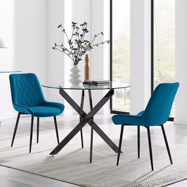 FurnitureboxUK Novara Round Glass Dining Table and 2 Pesaro Upholstered Chairs in Blue with Black Legs, Diameter: 100 cm