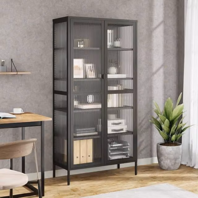 Berkfield Home Modern Black Highboard with Glass Doors and Metal Frame, W/D/H: 85 x 40 x 180 cm – 1