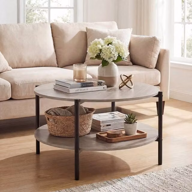 KORVIXA Round Modern Coffee Table with Metal Frame in Grey, Diameter: 100 cm, Height: 47 cm – 1