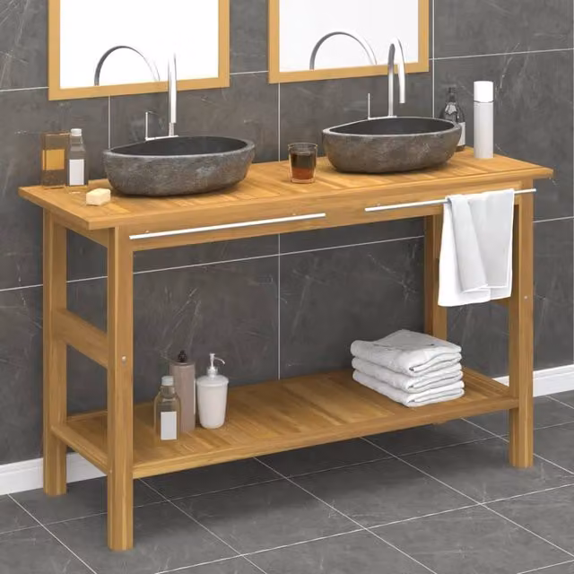Berkfield Home Modern Freestanding Bathroom Vanity Cabinet with River Stone Sinks in Black Teak Wood – 1